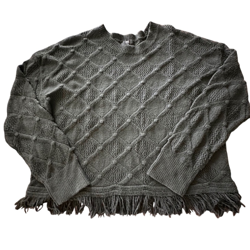 Frye Pointelle Fringe Diamond Knit Pullover Sweater Black XL‎
